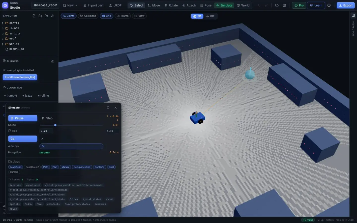 The showcase robot at the start of an autonomous run: goal set across the walled test world, simulation panel reading DRIVING.