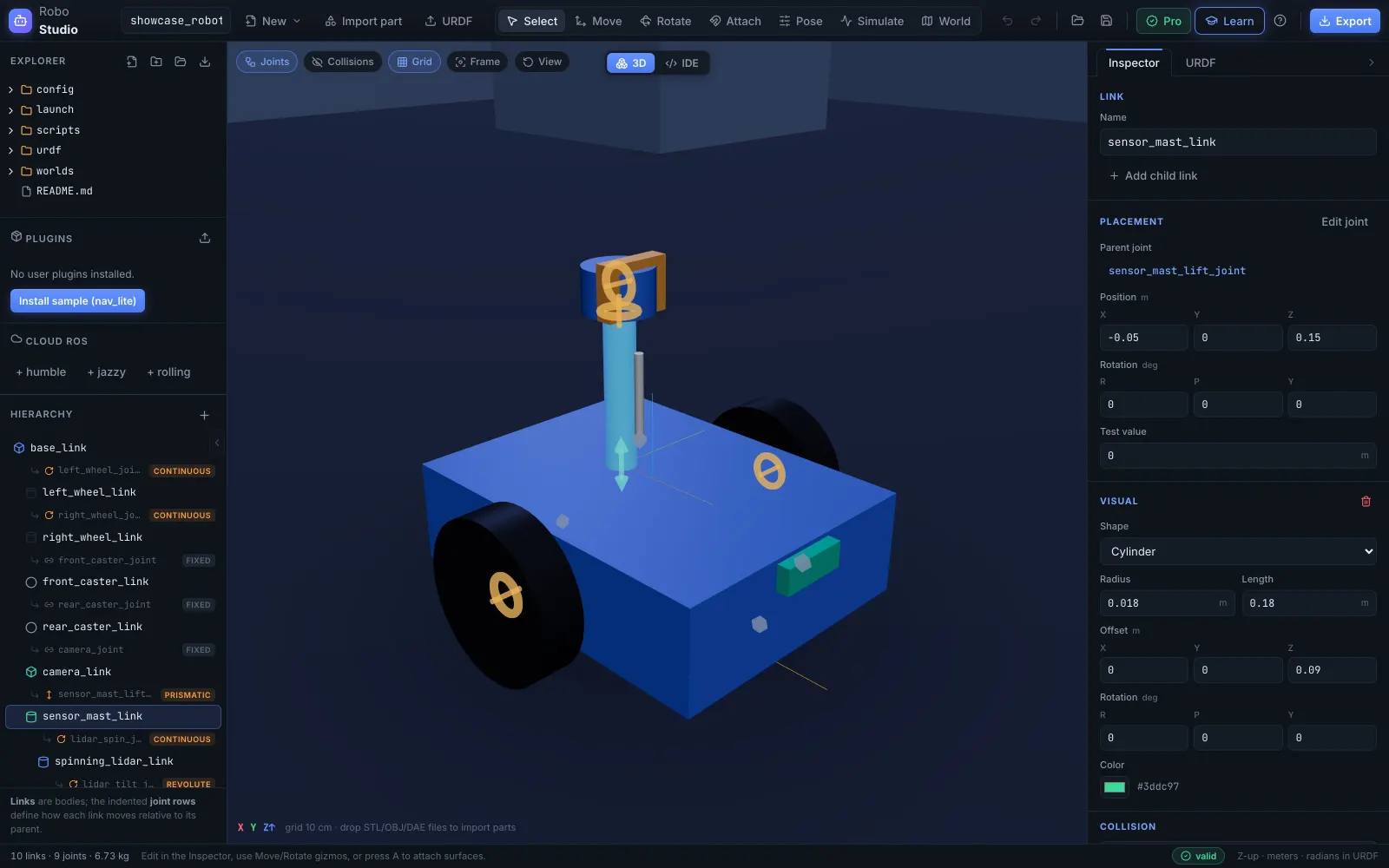 Design mode: hierarchy tree with joint-type badges on the left, the 3D robot center, and the inspector editing geometry on the right.