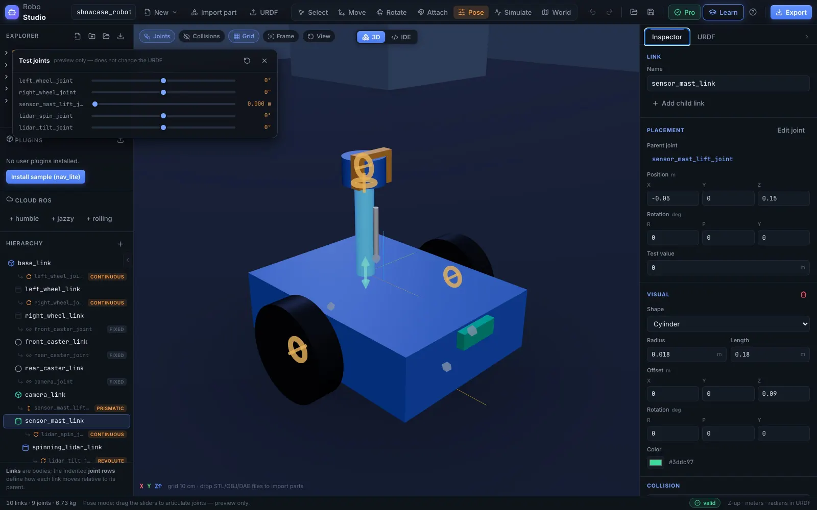 Pose mode: a slider per movable joint floating over the 3D robot.