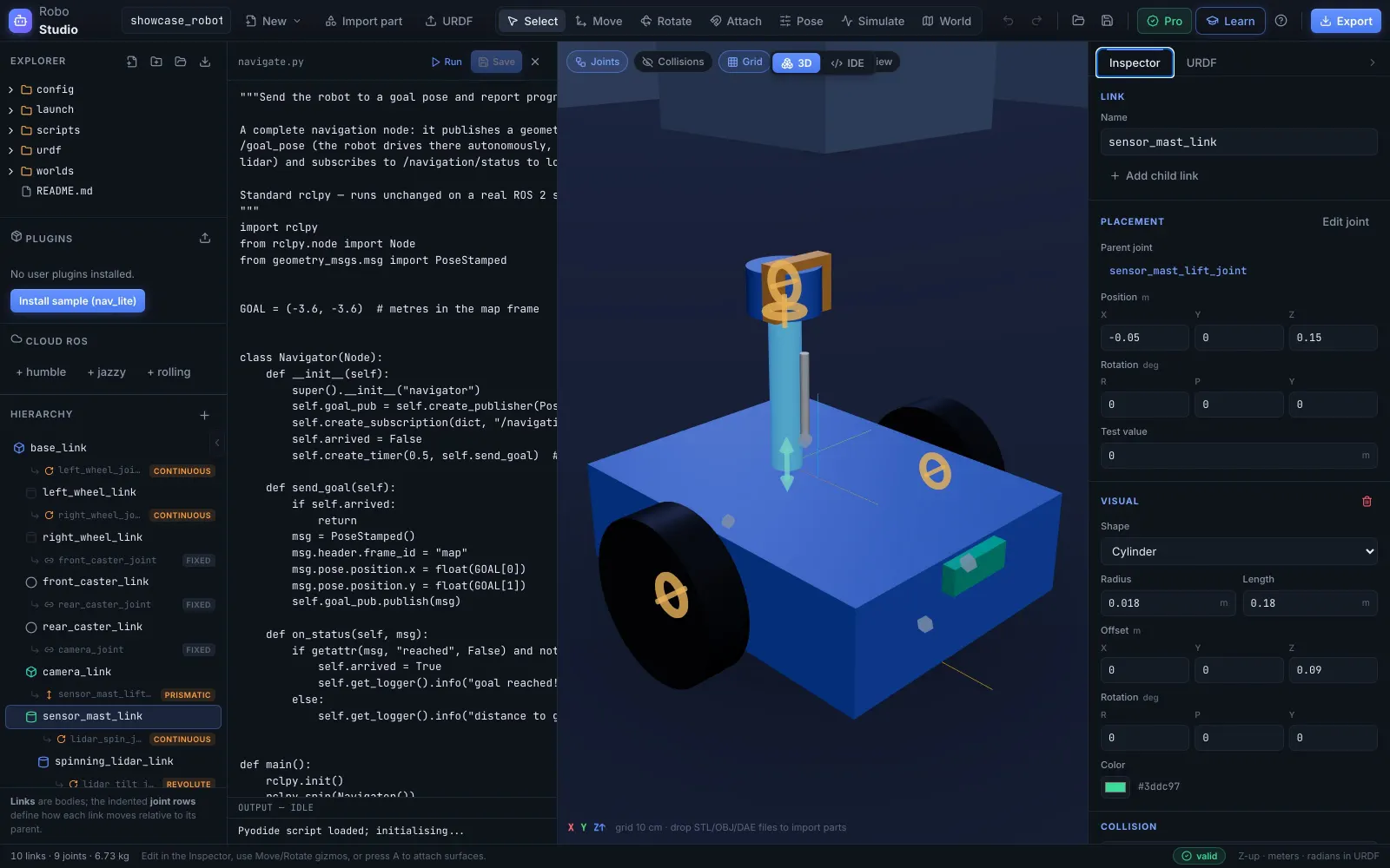 The in-app workspace: navigate.py open in the code editor beside the live 3D viewport.
